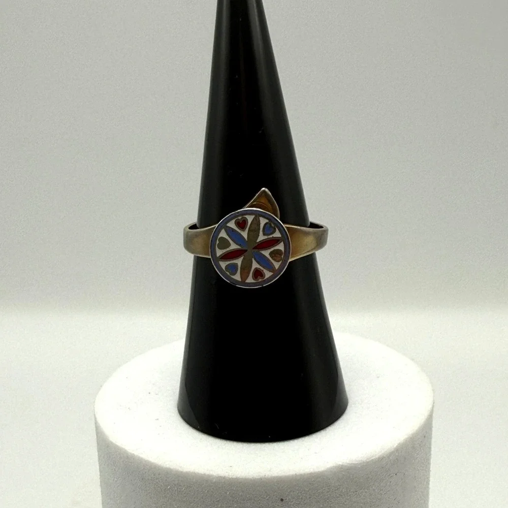 Vtg Gold Tone Enamel Flower Bypass Ring Colorful Geometric Starburst Size 7.5
